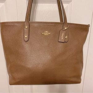 Coach zip tote bag, medium, tan/brown, used, in good condition